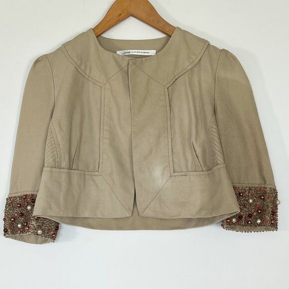 Diane von Furstenberg Remo Beaded Embellished Linen Cropped Jacket Stone Khaki - Picture 1 of 15